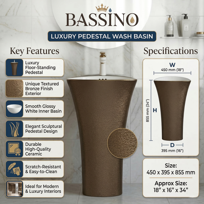 BASSINO Designer Pedestal Basin – 18″ x 16″ x 34″ In Luxury Floor Standing Ceramic Wash Basin | Textured Pedestal Sink