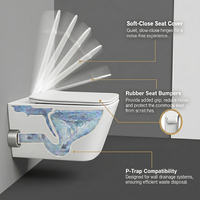 Bassino Wall Hung Rimless Toilet – White Glossy Finish with UF Seat Cover | Modern Compact WC | | 20.5 x 13.5 x 14 inches
