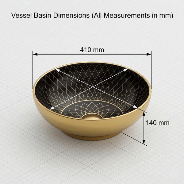 BASSINO Premium Moroccan Designer Obsidian Black & Gold Tabletop Basin (16x16x6 Inch) Black