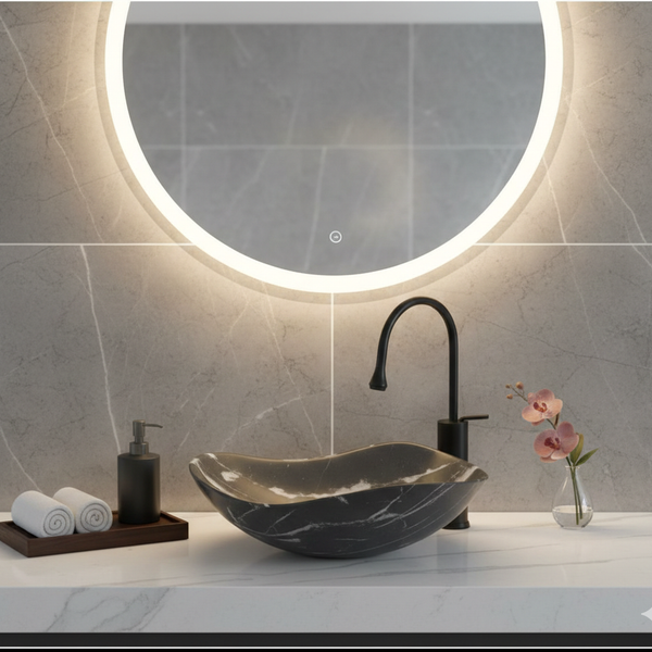 Premium Designer Ceramic Table Top Wash Basin, Matt Marble Finish (20 x 16 x 6.5 In) Black