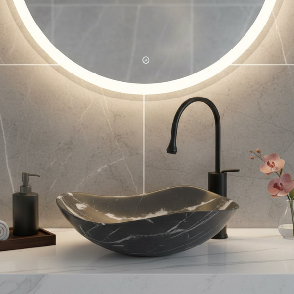 Premium Designer Ceramic Table Top Wash Basin, Matt Marble Finish (20 x 16 x 6.5 In) Black
