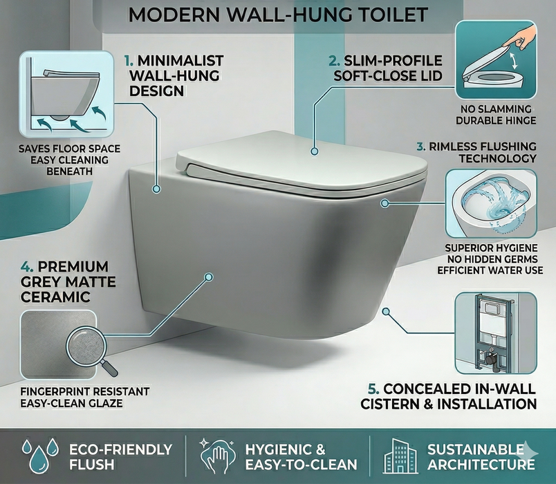 Bassino Full Matt Grey Wall Hung Toilet – Rimless WC with UF Seat Cover | 20.5 x 13.5 x 14.2 Inches