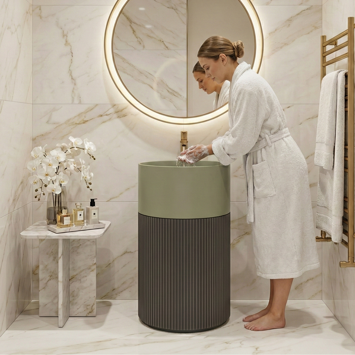 Luxury Artificial Pedestal Basin | Designer Freestanding Wash Basin | 19 × 19 × 37 In