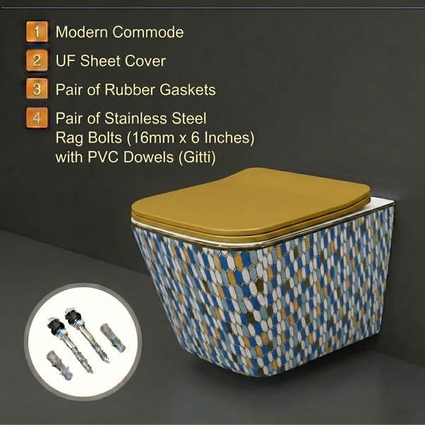 Bassino Designer Wall Hung Toilet (20.5 x 13.5 x 14 Inch) | Golden UF Seat Cover Rimless WC | Modern Commode