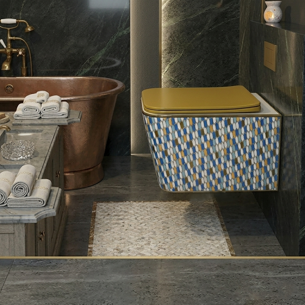 Bassino Designer Wall Hung Toilet (20.5 x 13.5 x 14 Inch) | Golden UF Seat Cover Rimless WC | Modern Commode