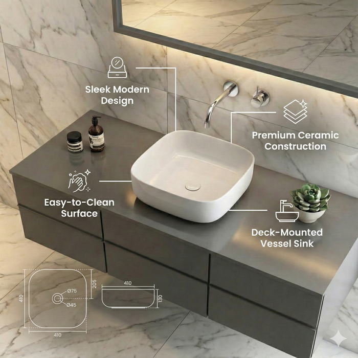 Premium Modern Ceramic White Square Table Top Basin (CHARLIE) (410x410x130mm)