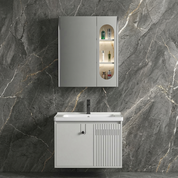 BASSINO Bathroom Vanity Cabinet Set – 24″ Plywood Vanity with Ceramic Basin & 30″ LED Mirror Cabinet