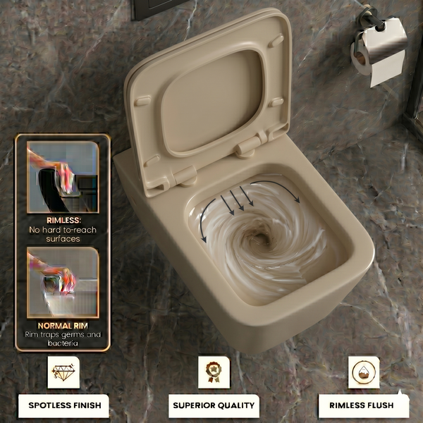 Bassino Wall Hung Toilet (21 x 13 x 14 Inches) – Matte Beige Rimless WC with Tornado Flushing | Modern Bathroom Toilet