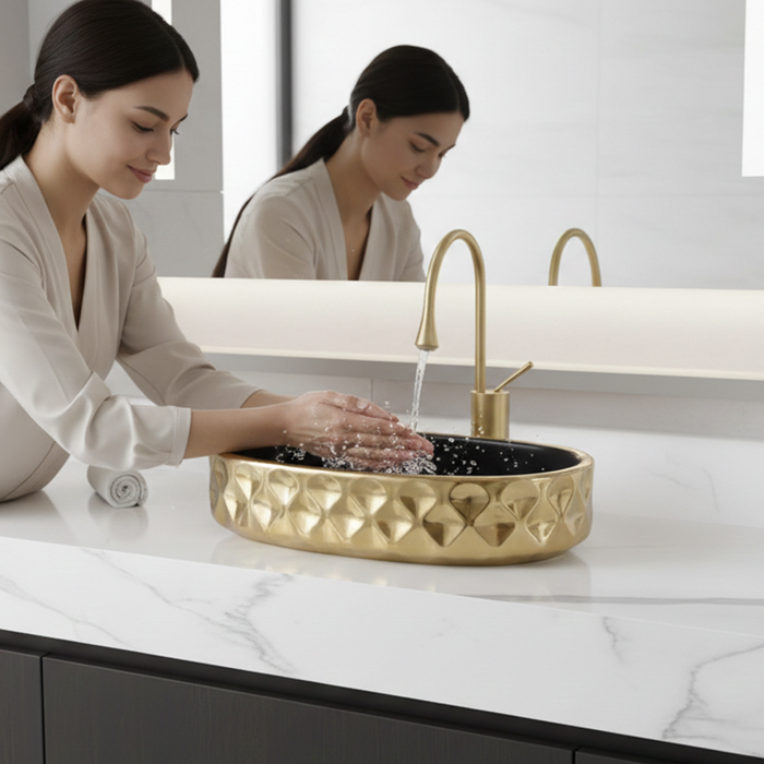 Bassino Luxury Table Top Wash Basin  – 20 × 12.5 × 5.5 Inches | Glossy Black & Gold Imported Basin