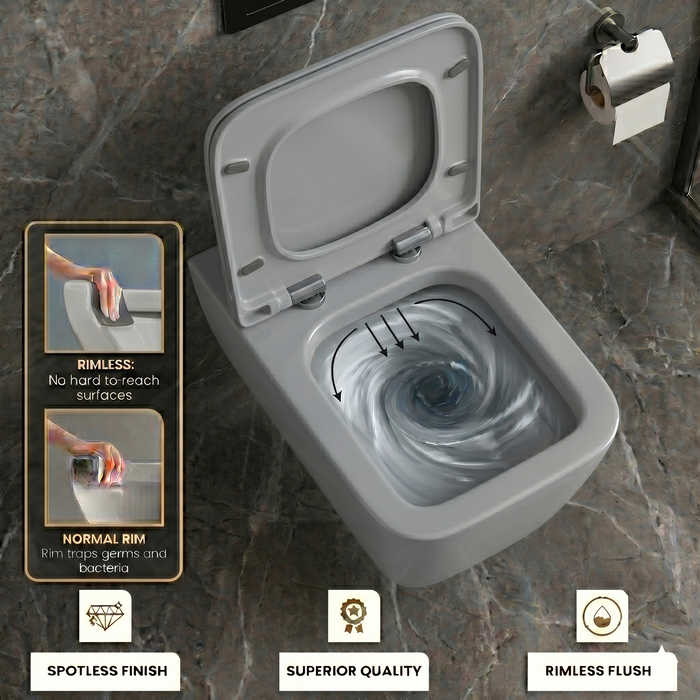 Bassino Wall Hung Toilet – Glossy Grey | 20.5 x 13.5 x 14 Inches Modern WC