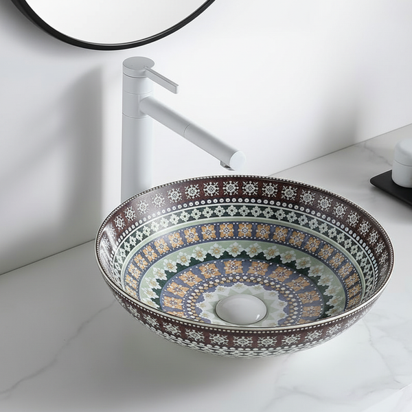 Designer Round Ceramic Countertop Basin Traditional Multicolor Pattern (16 x 16 x5 In- AB676)