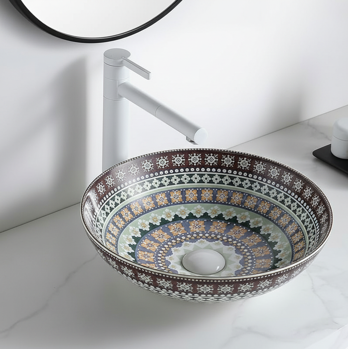 Designer Round Ceramic Countertop Basin (Traditional Multicolor Pattern (16 x 16 x5 In- AB676)