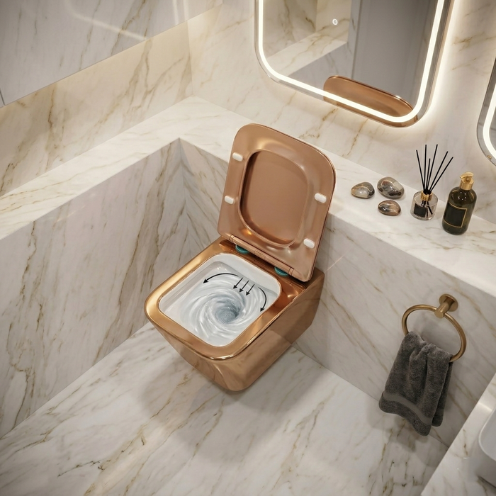 Bassino Wall Hung Toilet (21 x 13 x 14 Inches) – Rose Gold Rimless WC with UF Seat Cover | Luxury Designer Toilet