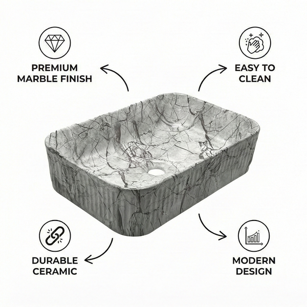 Glossy Marble Rectangular Countertop Wash Basin – (20" × 13" × 5.5" IN)