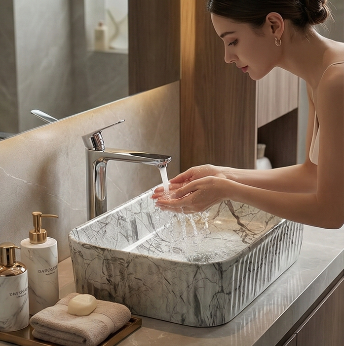 Glossy Marble Rectangular Countertop Wash Basin – (20" × 13" × 5.5" IN)