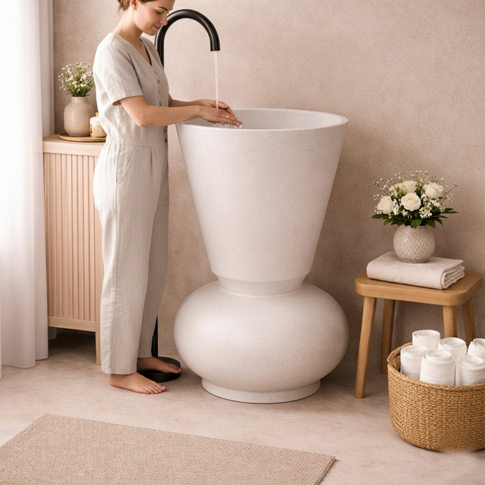 Modern Sculptural Artifical Stone Pedestal Wash Basin | Matt Finish Designer Freestanding Basin - 18″ × 18″ × 33.5″ In
