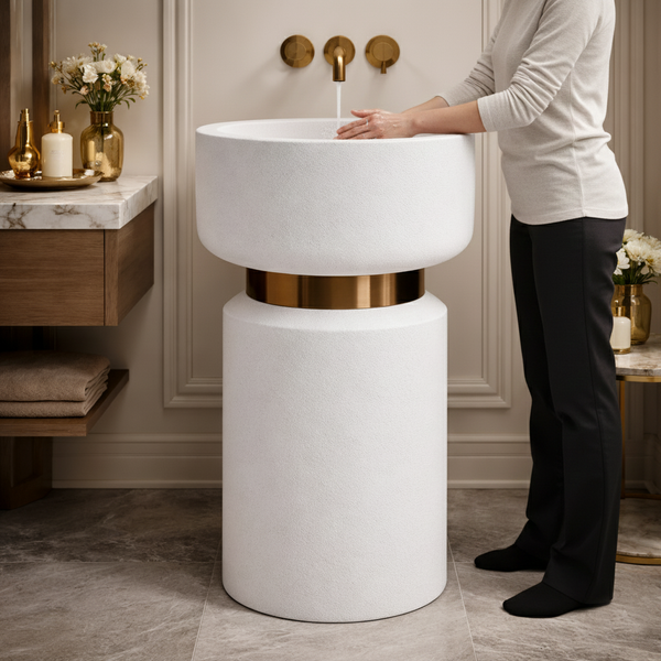Pedestal Wash Basin with Rose Gold Belt | Luxury Freestanding Basin (Without Tap Hole) - 16″ × 16″ × 34″ In White