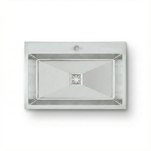 Rectangular metal sink with diamond-shaped center on a white background