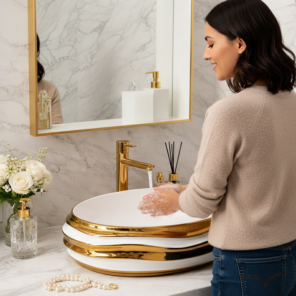 Luxury Oval Table Top Wash Basin | Glossy White Basin with Rose Gold Accents (22.05″×14.60″×6.10″ IN)