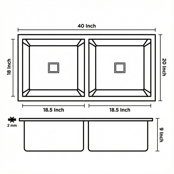Premium SS 304 Grade Double Equal Bowl Kitchen Sink, Matte Finish, 40x20x9 In, 25 Years Warranty