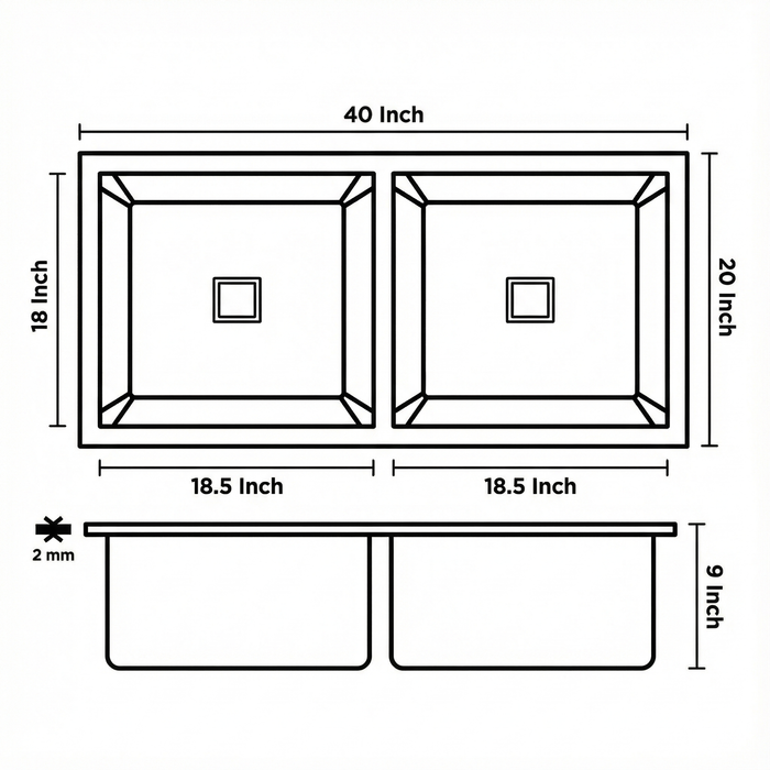 Premium SS 304 Grade Double Equal Bowl Kitchen Sink, Matte Finish, 40x20x9 In, 25 Years Warranty