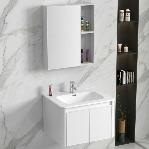 BASSINO Bathroom Vanity Cabinet Set – 24″ Carbon Fiber Vanity with Ceramic Basin & 22″ Mirror Cabinet