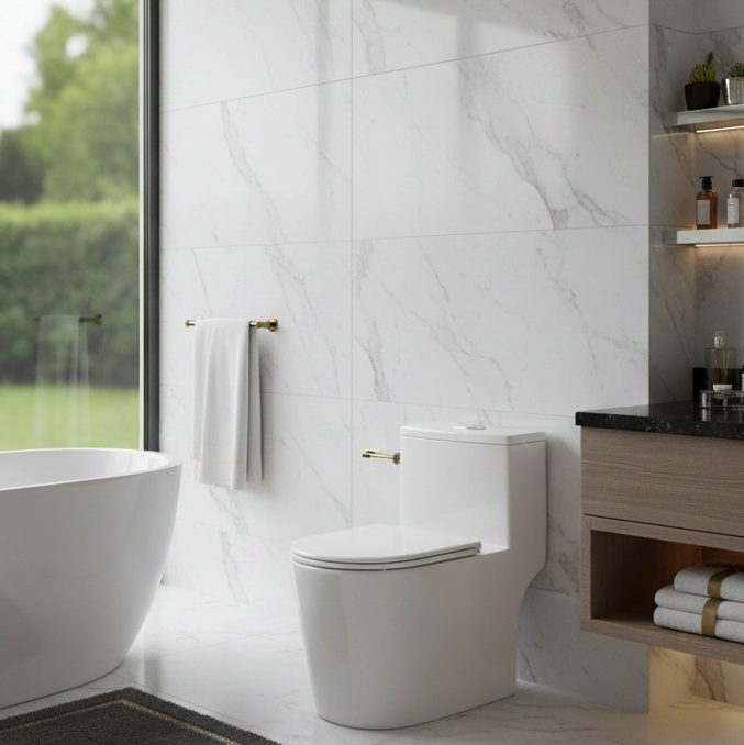 Luxury One-Piece Western Toilet | Glossy Floor Mounted WC with PP Cover | Approx. 28 × 16 × 26 Inches