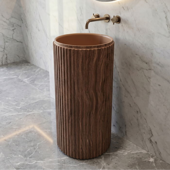 Bassino Wooden Texture Pedestal Basin – Artificial Stone (18×18×36 inch)