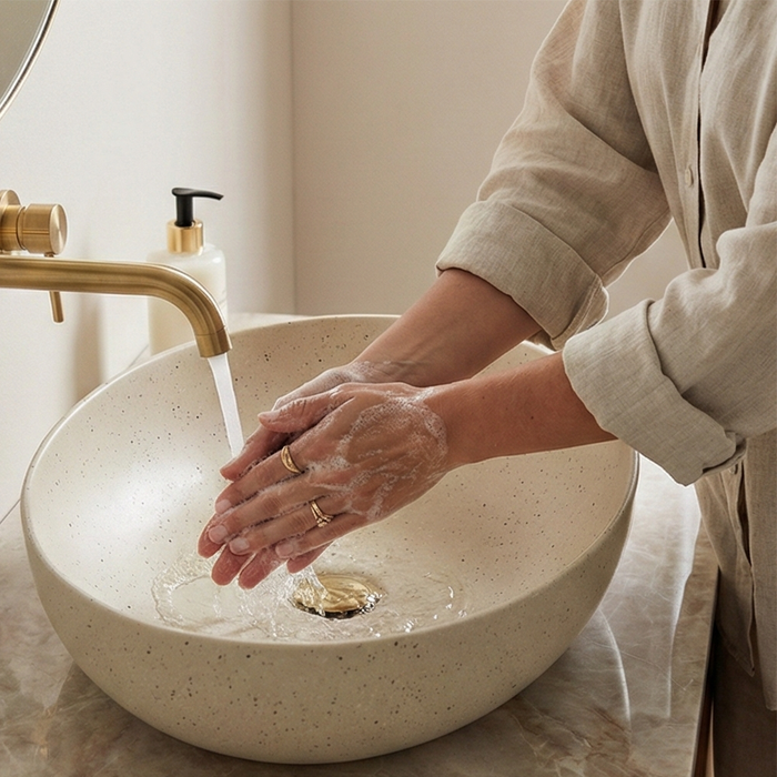 Terrazzo Matt Beige Countertop Wash Basin | Modern Designer Bathroom Sink IN (20″ × 16″ × 6″ IN)