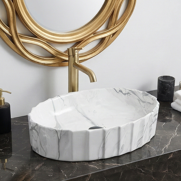 Matte Marble Finish Designer Oval Countertop Bathroom Sink Wash Basin (22" × 14" × 6" IN) White