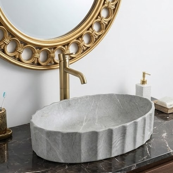 Matte Marble Finish Designer Oval Countertop Bathroom Sink Wash Basin (22" × 14" × 6" IN) Grey