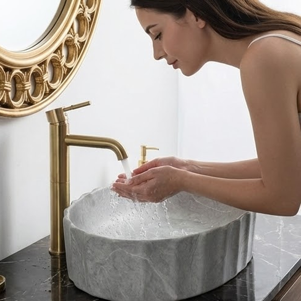Matte Marble Finish Designer Oval Countertop Bathroom Sink Wash Basin (22" × 14" × 6" IN) Grey