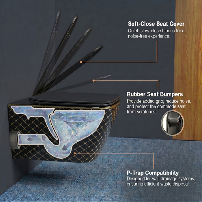 Bassino Black & Gold Designer Wall Hung Toilet – Rimless WC with UF Seat Cover | Luxury Modern Bathroom | 20.5 x 13.5 x 14 inches