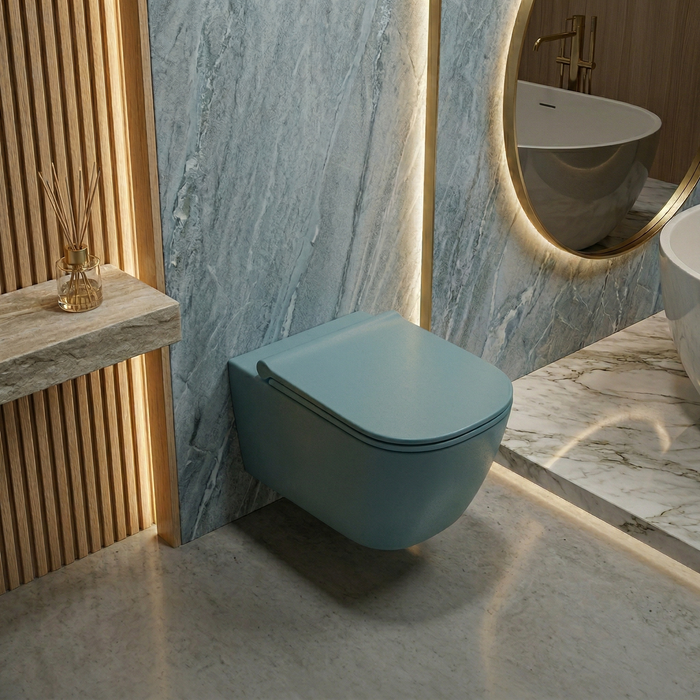 Bassino Matt Kohler Blue Wall Hung Toilet – Rimless WC with UF Seat Cover | 20.5 x 13.5 x 14 Inches