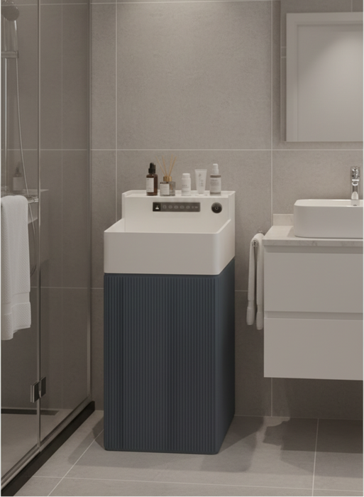 Bassino Artificial Stone Rectangle Pedestal Basin – White Marble & Blue Wooden Texture | 41×41×86 cm (16×16×34 Inch)