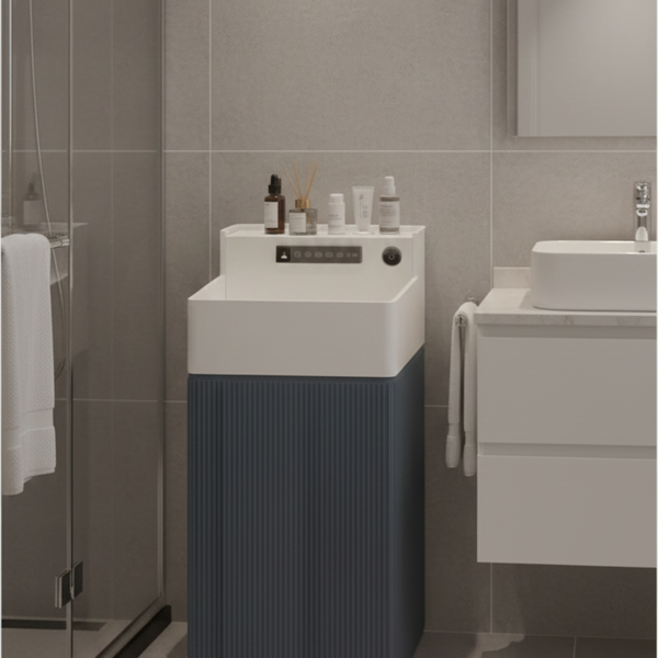 Bassino Artificial Stone Rectangle Pedestal Basin – White Marble & Blue Wooden Texture | 41×41×86 cm (16×16×34 Inch)