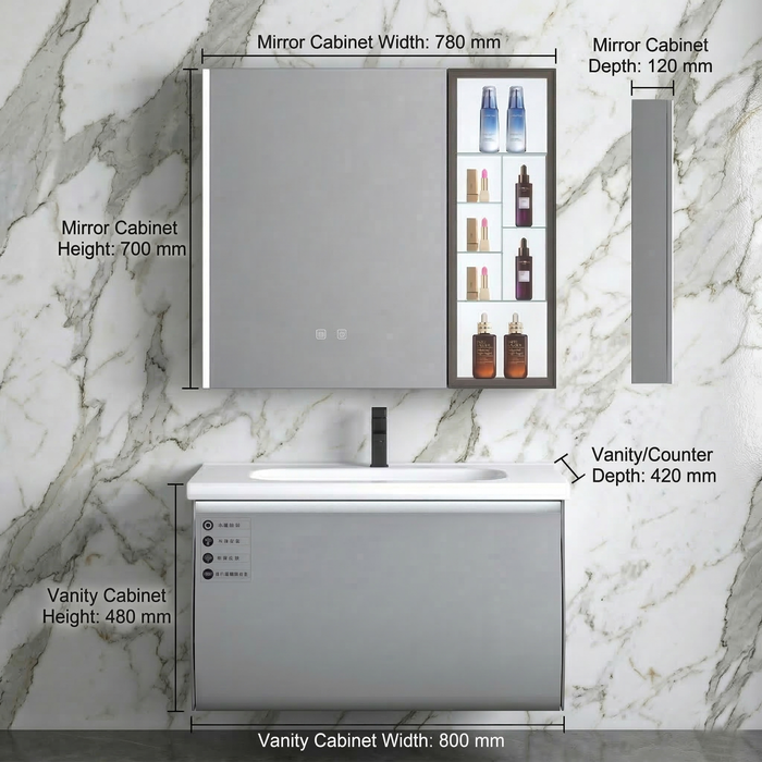 BASSINO Bathroom Vanity Cabinet Set – 32″ Plywood Vanity with Ceramic Basin & 31″ LED Mirror Cabinet