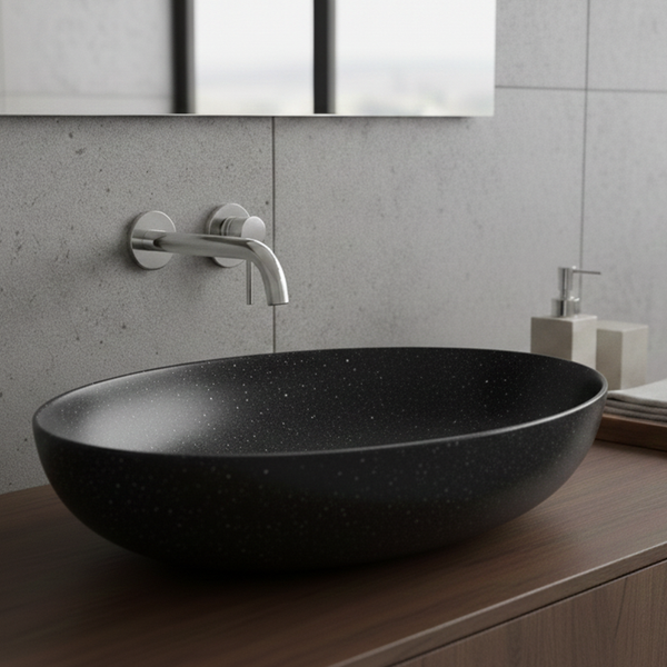 Terrazzo Matt Black Countertop Wash Basin | Modern Oval Stone Sink (20″ × 16″ × 6″ IN)