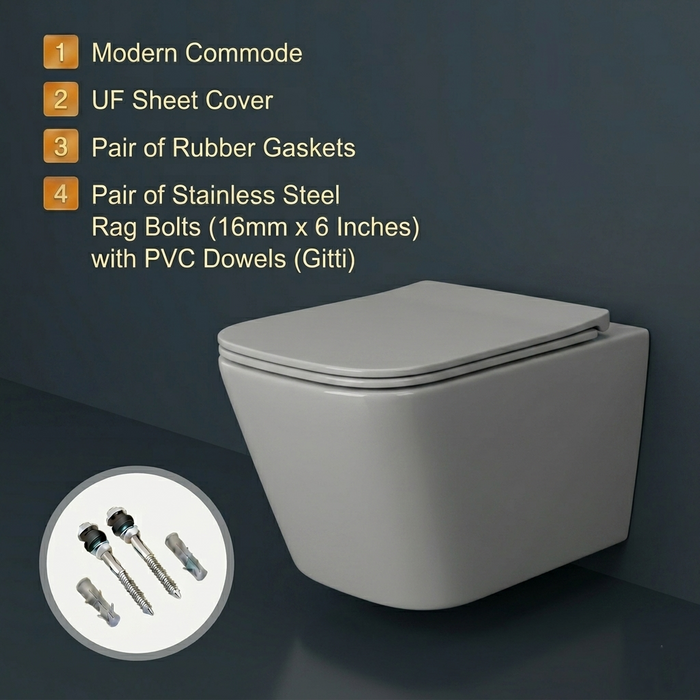 Bassino Wall Hung Toilet – Glossy Grey | 20.5 x 13.5 x 14 Inches Modern WC