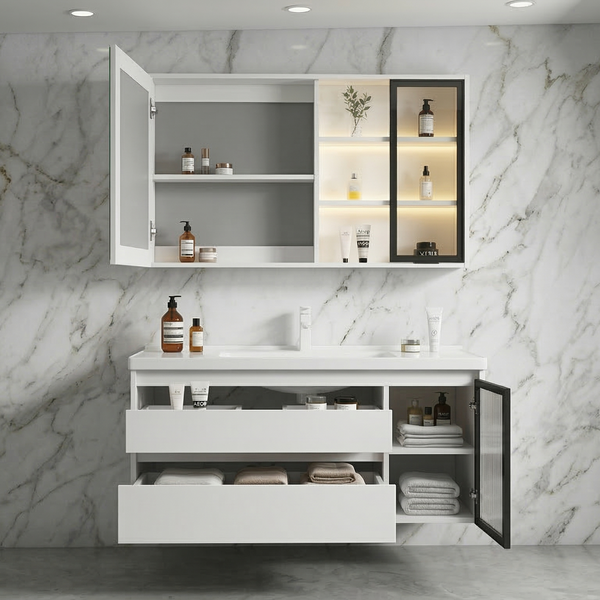 BASSINO Bathroom Vanity Cabinet Set – 40″ Plywood Vanity with Ceramic Basin & 38″ LED Mirror Cabinet