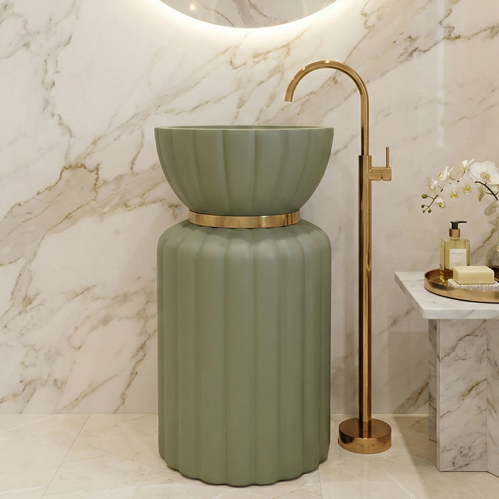Luxury Artificial Pedestal Basin | Designer Freestanding Wash Basin | 20 × 20 × 37 In