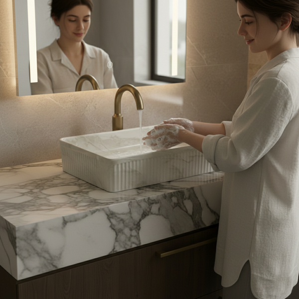 Bassino Glossy Marble Table Top Wash Basin 20 × 13.5 × 5 Inches | Imported Premium Basin BTT-11823