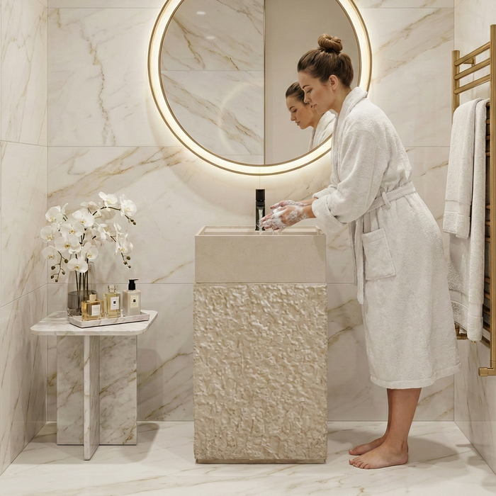 Luxury Artificial Pedestal Basin | Designer Freestanding Wash Basin | 19 × 19 × 37 In