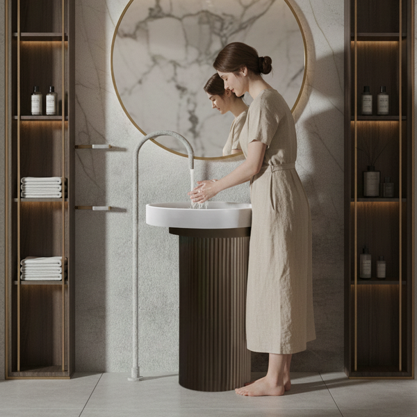 Contemporary Two-Tone Pedestal | Timeless Modern Elegance Artificial Stone Pedestal Basin 19″ × 19″ × 34″ In