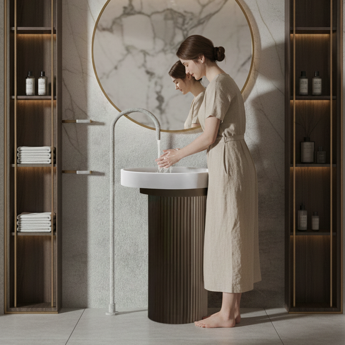 Contemporary Two-Tone Pedestal | Timeless Modern Elegance Artificial Stone Pedestal Basin 19″ × 19″ × 34″ In