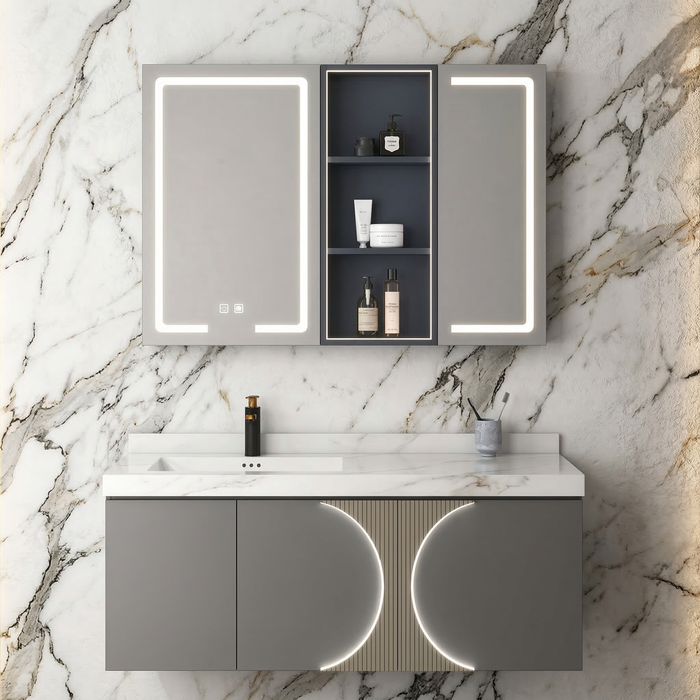 BASSINO Bathroom Vanity Cabinet Set – 32″ Plywood Vanity with Rock Slate Seamless Basin & 30″ LED Mirror Cabinet