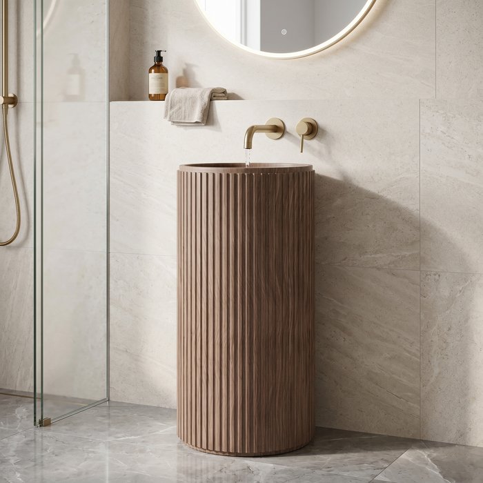 Bassino Wooden Texture Pedestal Basin – Artificial Stone (18×18×36 inch)