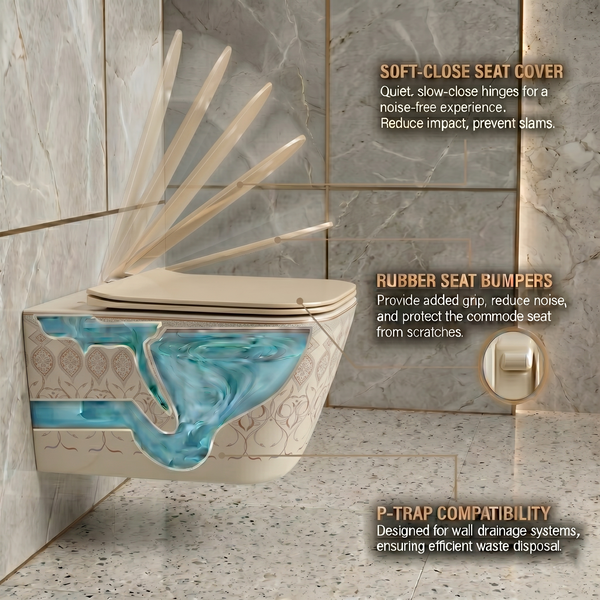 Bassino Wall Hung Toilet (21 x 13 x 14 Inches) – Satin Khakhi Moroccan Finish Rimless WC with UF Seat Cover