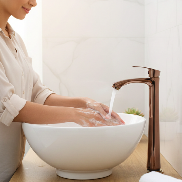 BASSINO Brass Counter top Basin Faucets/Stylish Extended Tall Body Pillar Cock Tap/Coated with Rose Gold - 12 inch