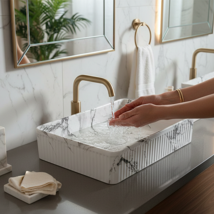 Bassino fluted Matte Marble Table Top Wash Basin 20 × 13.5 × 5 Inches | Luxury Imported Wash Basin